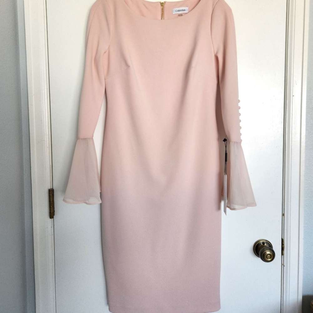 Calvin Klein Sheath Knee Length Bell Sleeve Dress Pale Pink  6